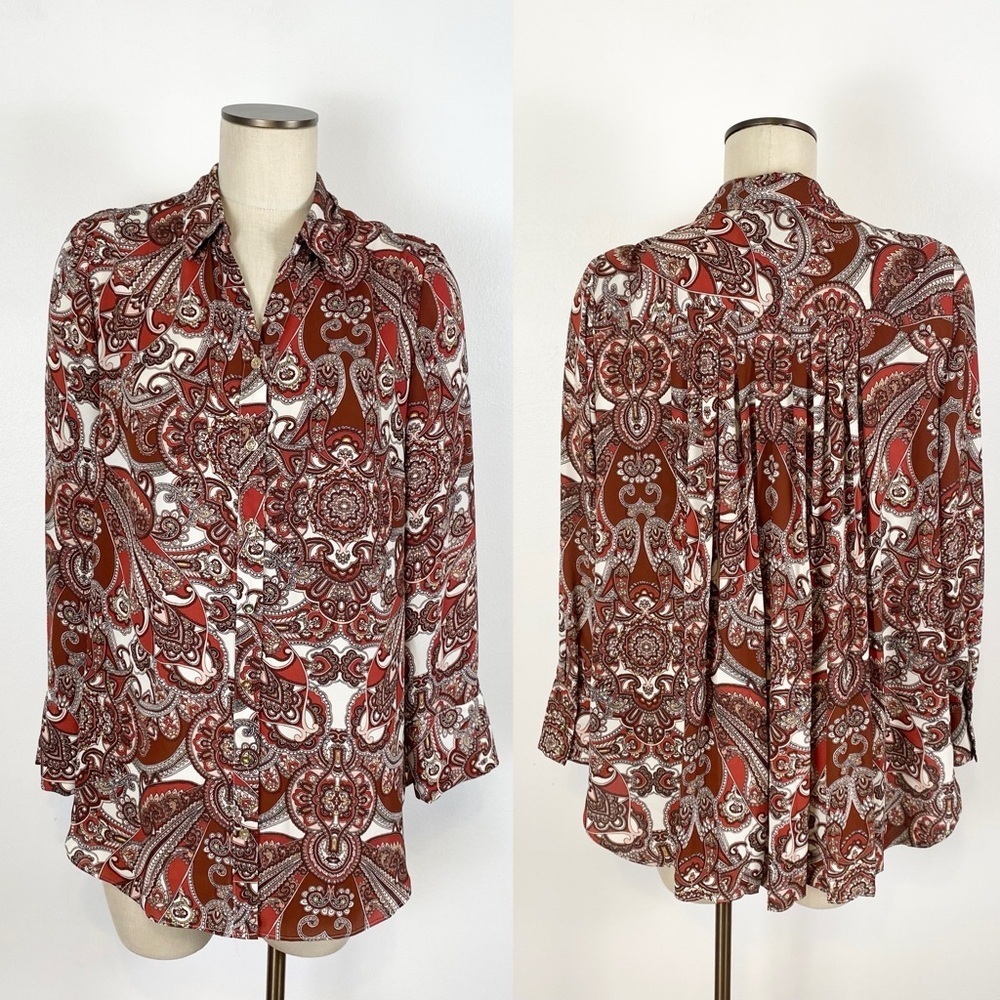 Chicos 2 US M 10-12 Rust Red Super Pleat Tunic Paisley‎ Gold Button Up Top Women